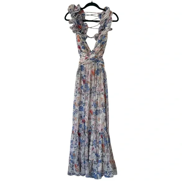NWT Sunfere Floral Cut Out Maxi Dress Size Medium Lace Up Back Ruffles Flowy - Picture 2 of 14